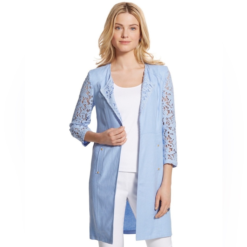 Chicos Baby Blue Lovely Lace Crochet Mix Duster Linen Jacket Size 1 Medium M